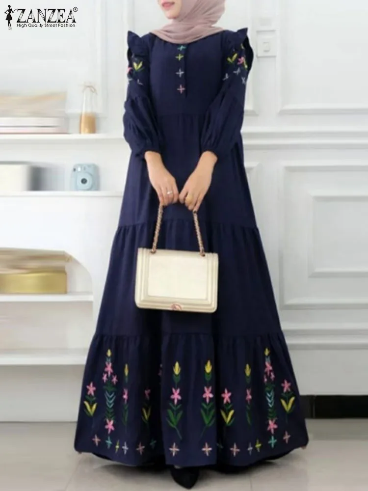 

ZANZEA Fashion Layered Muslim Dress Bohemian Floral Printed Vestidos Long Sleeve O-Neck Maxi Robe Vintage Turkey Sundress 2024