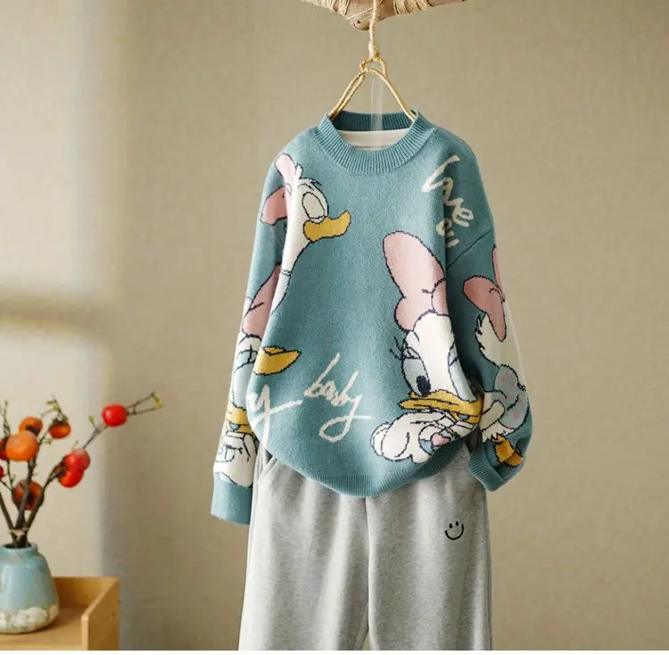 Disney Duck Long Sleeve Autumn Winter Cardigan Jumper Top Turtleneck Pullovers Casual Sweaters Women  Loose Sweater Girl