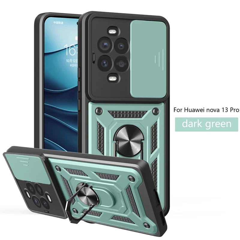 Protective Armor Ring Stand Shockproof Phone Case with Slide Lens Cover
