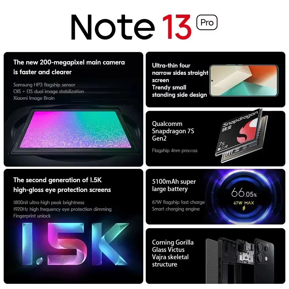 Global ROM Xiaomi Redmi Note 13 Pro 5G Snapdragon 7S Gen 2 Smartphone 6.67" 1.5K Display 200MP OIS Camera 67W Charging 5100mAh cell phone,mobile phone