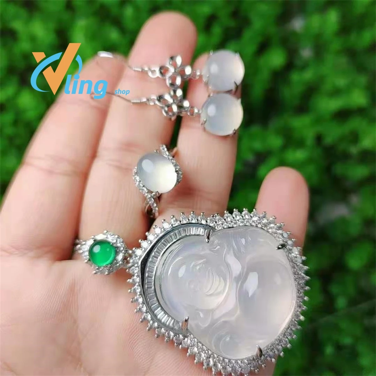 Fashion S925 Silver Inlaid High Ice White Jade Pith Buddha Pendant Ring Earrings Three Piece Set Gift Charm Retro Jewelry