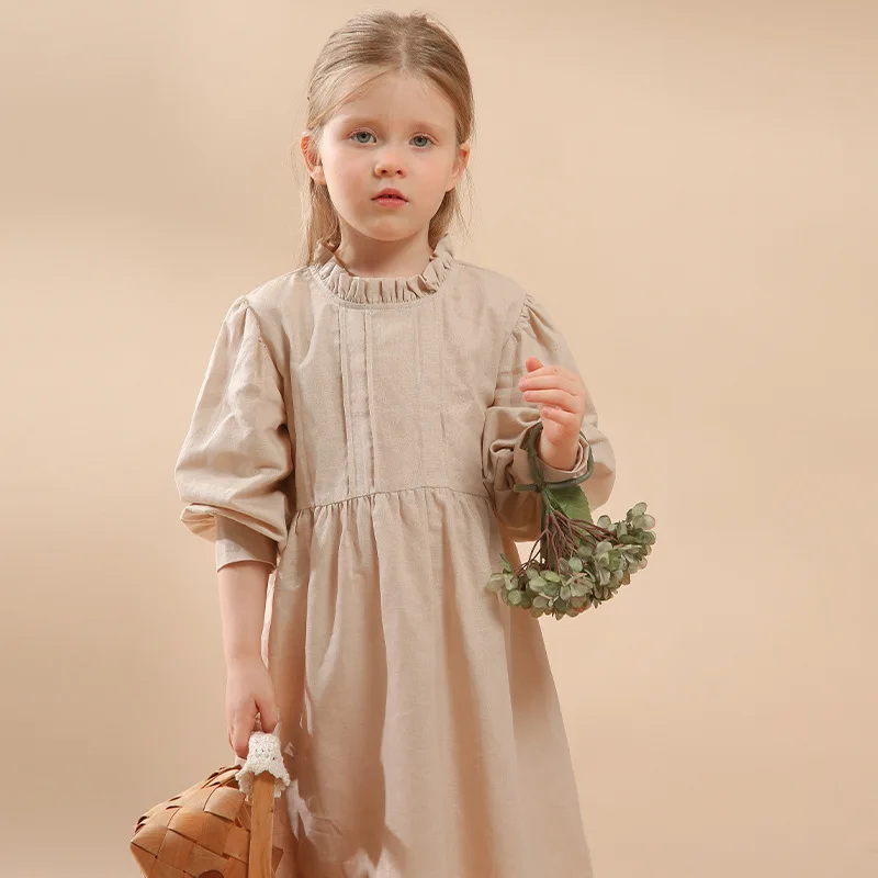 

Милое однотонное платье в стиле корта для девочек; Новинка; Хлопковое и льняное милое платье принцессы с рукавами-пузырьками; Одежда для девочек