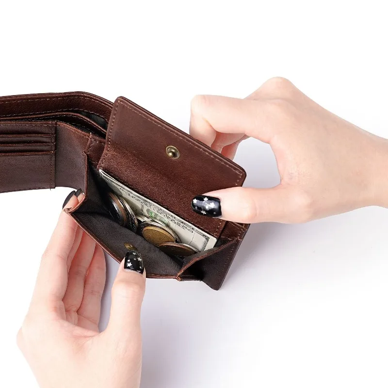 Nuovo Portafoglio da Uomo in Pelle Cerata con Clip Portasoldi Orizzontale, Stile Retrò in Pelle Bovina, Slot per Carte RFID Antifurto e Portamonete - immagine 3