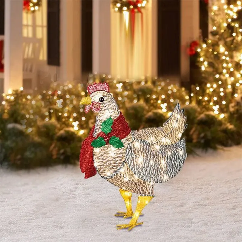 

Courtyard Decoration Light-Up Chicken With Scarf Metal Chicken Sculpture Lawn Corridor Christmas Atmosphere Decoration