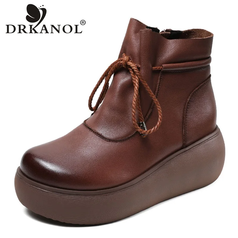 

DRKANOL Autumn Women Chunky Platform Boots Wedges Height Increasing Ankle Boots For Women Genuine Leather Handmade Retro Style