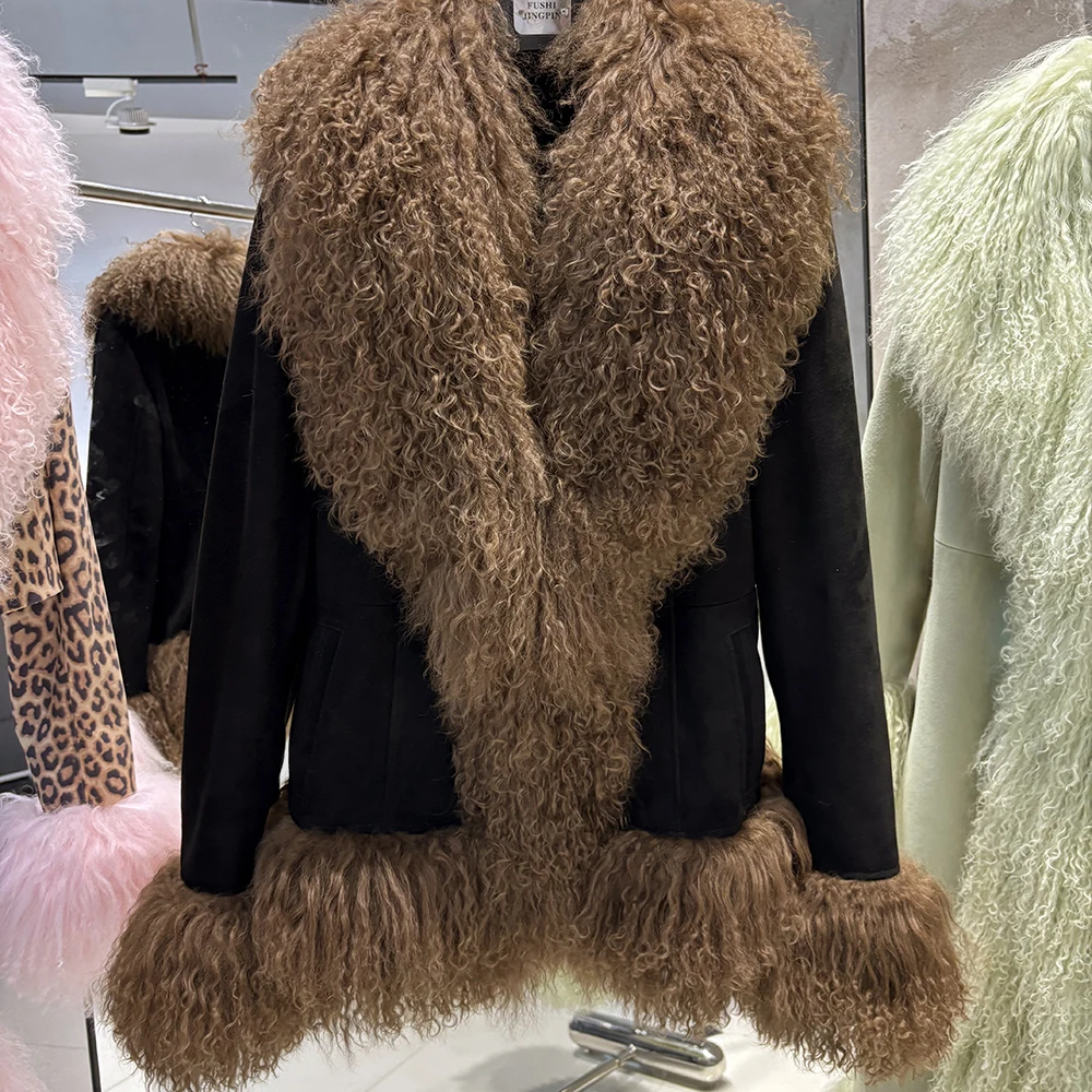YOLOAgain Real Mongolia Sheep Fur Collar Real Leather Jacket Coat Women