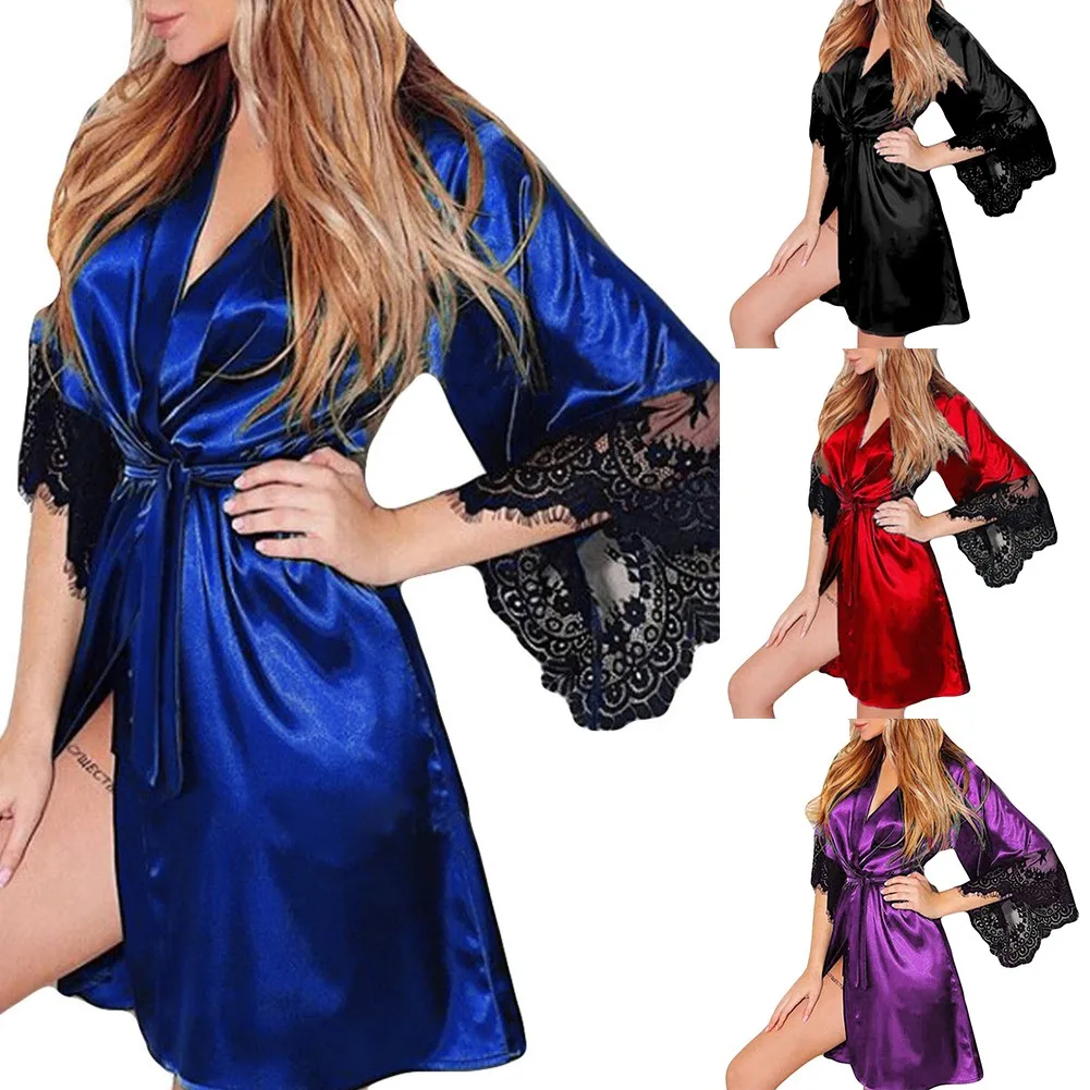 

Women Robe Night Gown Floral Lace Bathrobe Halt Sleeve Nightdress Female French Sexy Silky Satin Solid Color Sleepwear With Belt