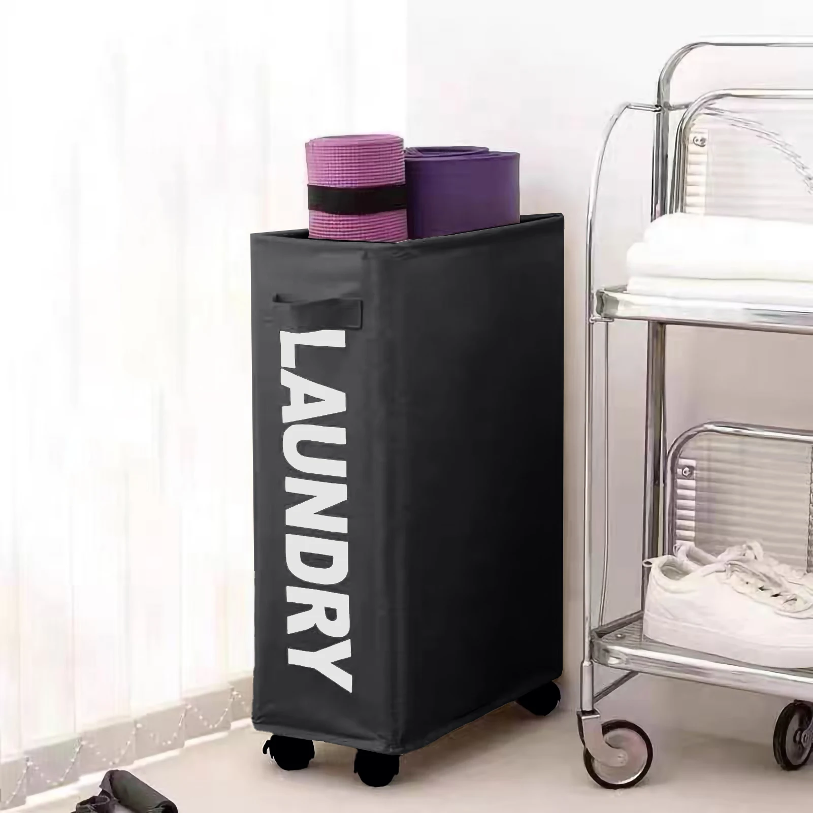 Slim Laundry Basket With Wheels – 23-Inch Tall, Collapsible Hamper With Mesh Cover & Brake – For Clothes, Toys, Storage