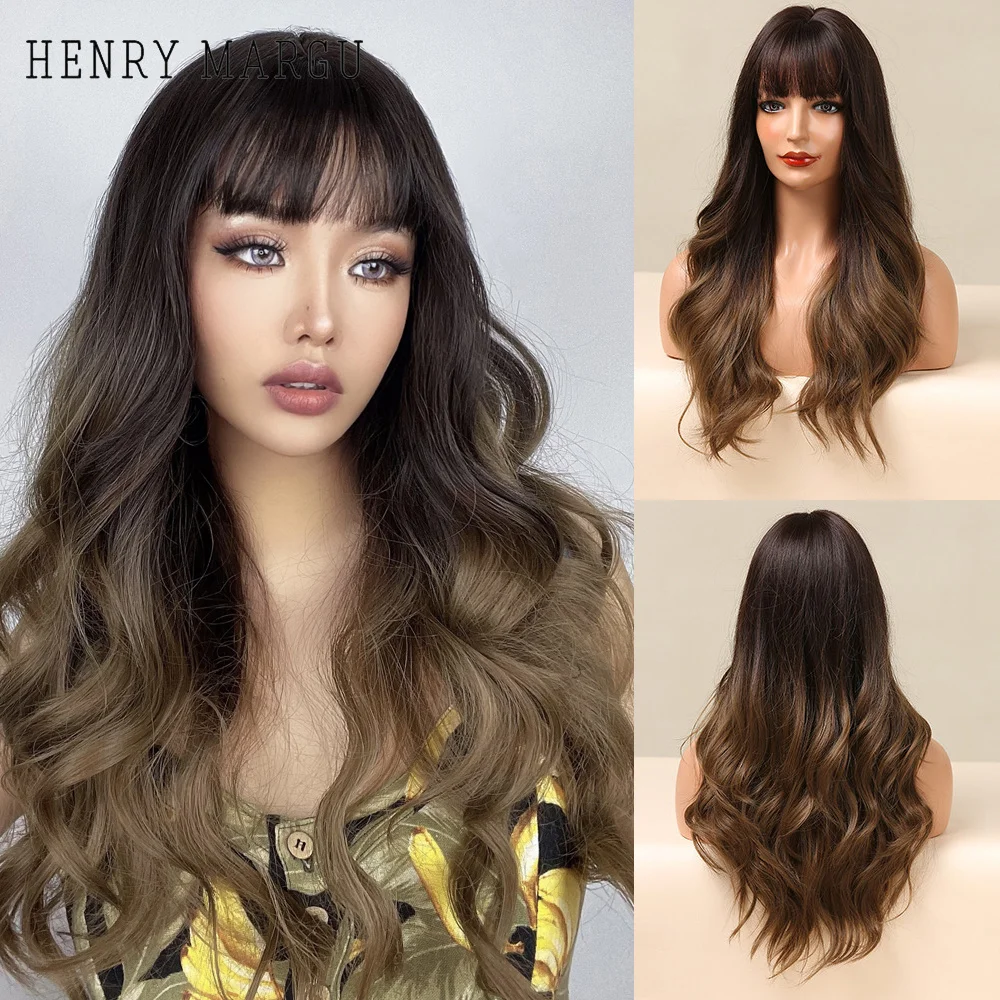 

HENRY MARGU Long Black Brown Ombre Synthetic Wigs with Bangs Natural Wavy Hairstyle for Women Cosplay Party Heat Resistant Fiber