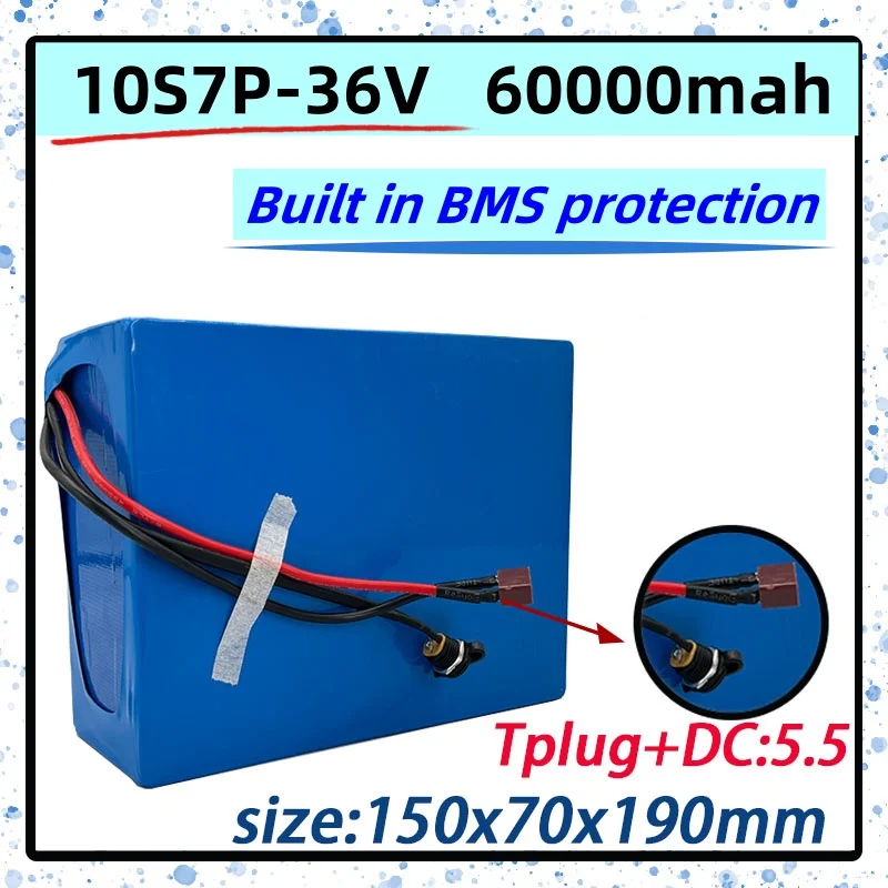 

T PIug+DC: 5.5 interface 36V battery 10S7P 60Ah battery pack 1000W high power, 36V60000mAh electric bicycle BMS protection.