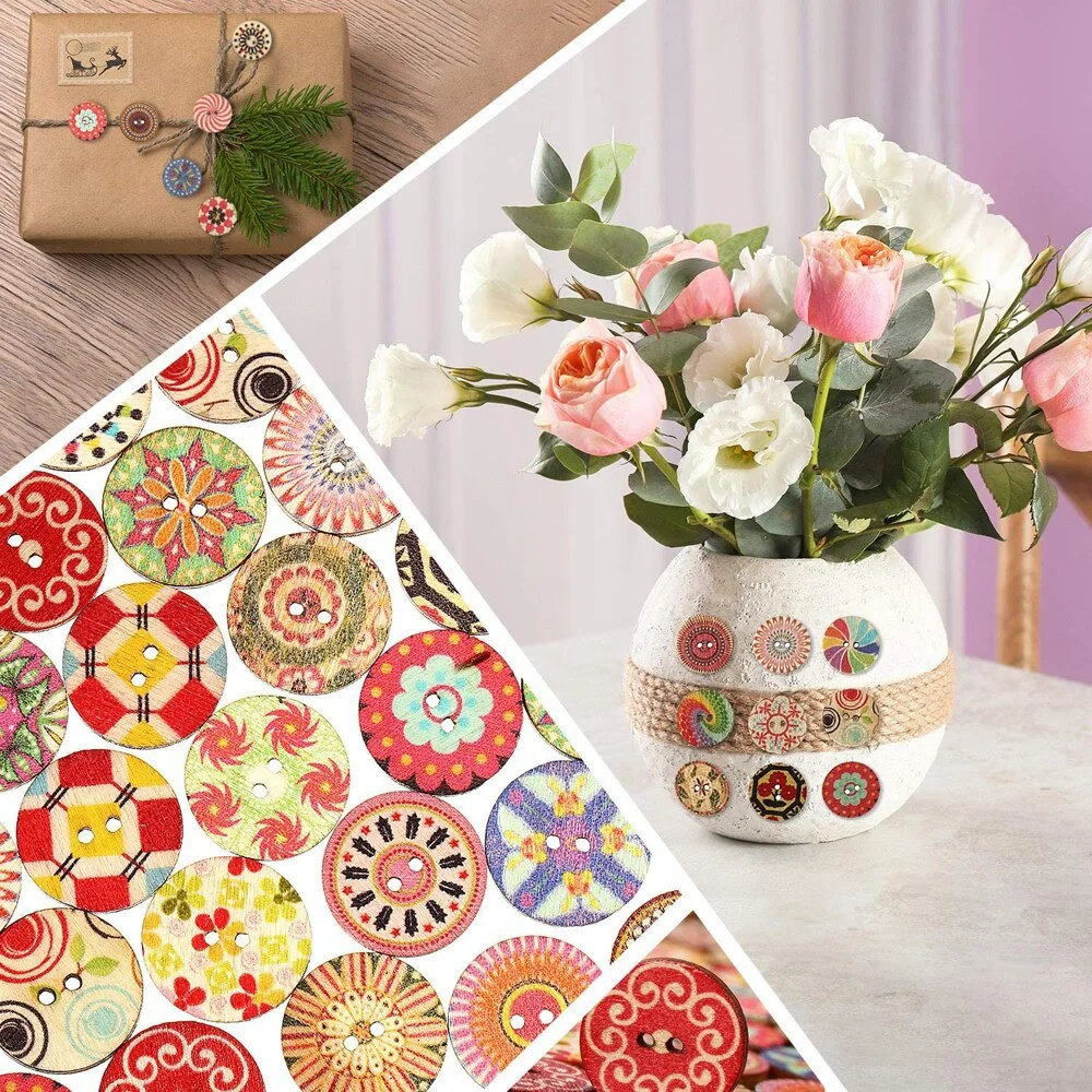 50/100 Round Assorted Floral Printed Wooden Decorative Buttons 2-Hole Floral Process Painted Wooden Cufflinks DIY Sewing Process 6