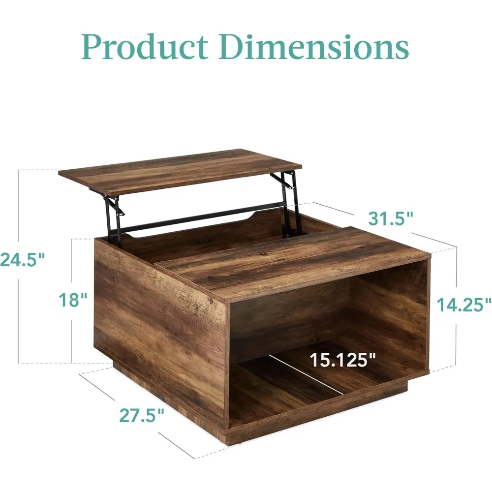 Square Lift Top Coffee Table, Wooden Rustic Modern Multifunctional Accent Table for Living Room w/Hidden Storage, Cubby 2