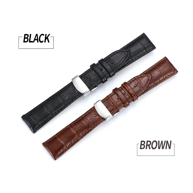Butterfly Pattern Genuine Leather Watch Band Strap with Deployant Buckle in Brown & Black (12-24mm)