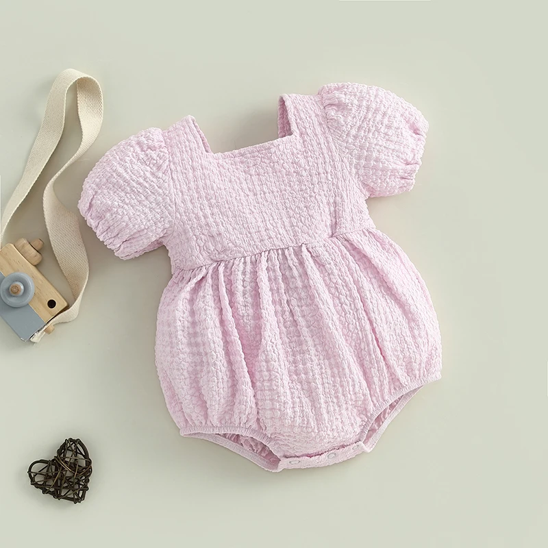 FOCUSNORM 4 Colors 0-18M Lovely Baby Girls Bubble Romper Short Puff Sleeve Square Neck Backless Newborn Playsuit baby rompers baby jumpsuit baby clothing