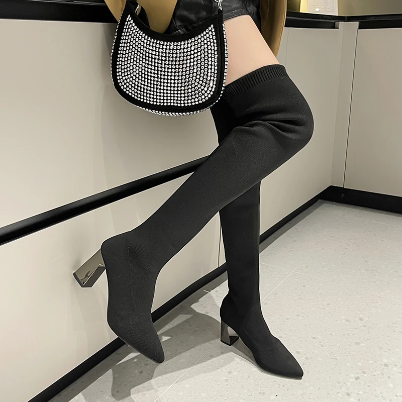 Winter New Fashion Pointed Toe Square High Heels Stretch Fabric Over The Knee Women Shoes Boots Botas Thigh High Boots