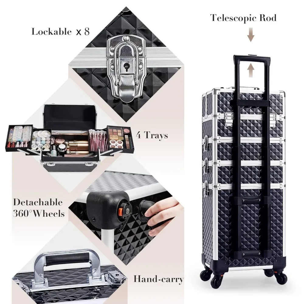 Rolling Makeup Train Case Large Storage Cosmetic Trolley with Key Swivel Wheels 4 in 1 Large Capacity Trolley Makeup Travel Case 6