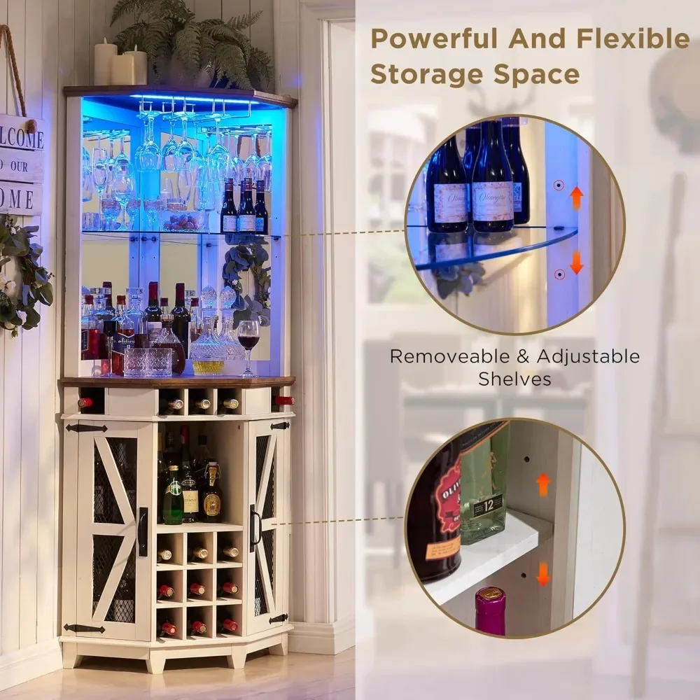 Bar Cabinet, Cabinets with Barn Door & Adjustable Shelf, Home Bars Cabinets with LED Light & Glass Rack, Bar Cabinet