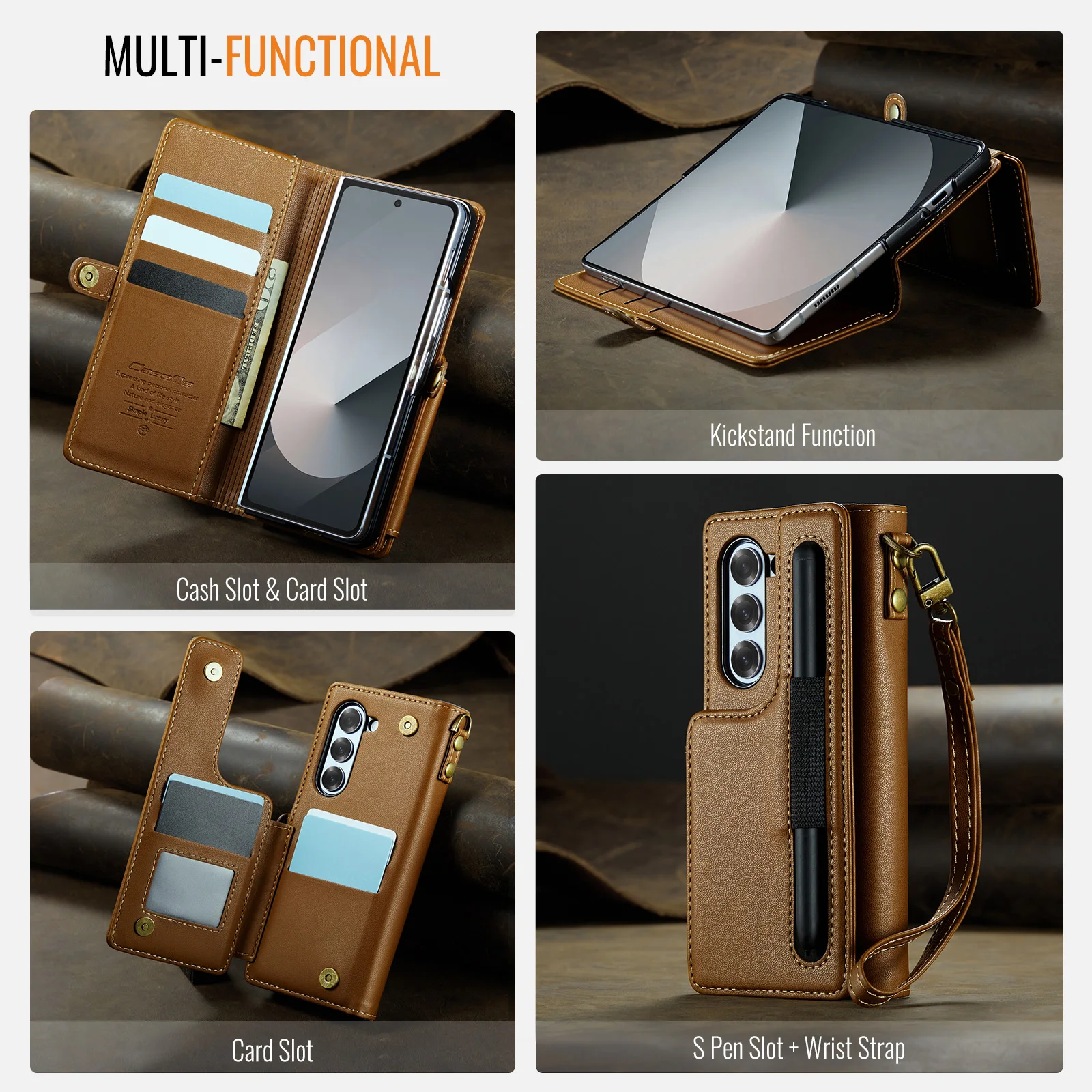 Penhoudersleuf RFID-blokkerende portemonneekaarten leren telefoonhoesje voor Samsung Galaxy Z Fold 6 5G handriem standaard tas portemonneehoes_voghion.com