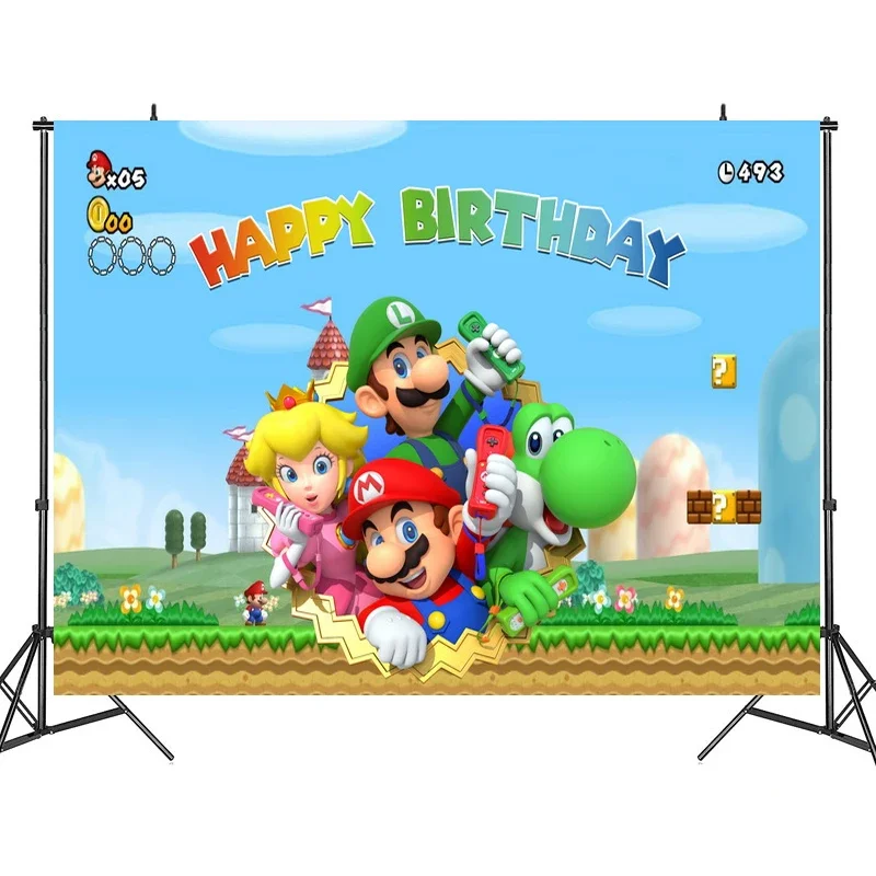 Telón de fondo de Super Mario Bros para fiesta de cumpleaños de niños, Fondo de fotografía, tela colgante de pared, decoración temática, suministros