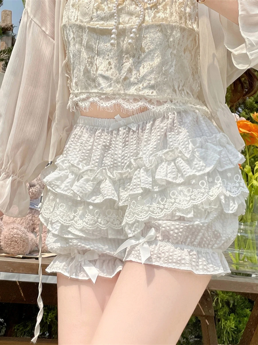 

Women Lace Trim Maid Ruffle Pumpkin Shorts Lolita Y2k Lace Spliced Bow Layered Frilly Shorts Lounge Homewear Short Pants