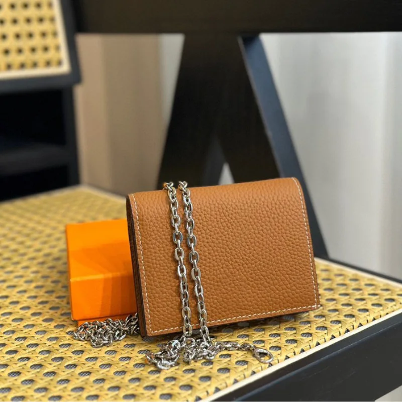 

Genuine leather small wallet portable card holder coin purse luxury designer retro chain small bag buckle bag for men and women