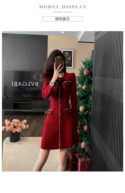 Vestido De Navidad Para Mujer | Estilo Vintage, Manga Larga, Tejido Felpa | Elegante Para Fiestas Y Celebraciones