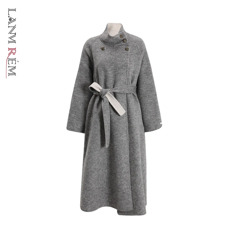 LANMREM Grey Stand Collar Double-faced Woolen Coat for Women Korean Trendy Loose Bandage Design Autumn Winter Overcoat CPG4196