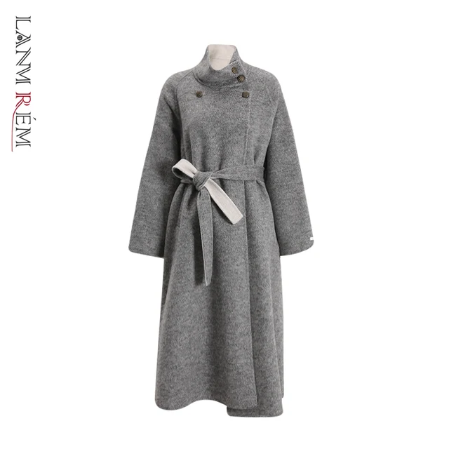 LANMREM Grey Stand Collar Double-faced Woolen Coat for Women Korean Trendy Loose Bandage Design Autumn Winter Overcoat CPG4196