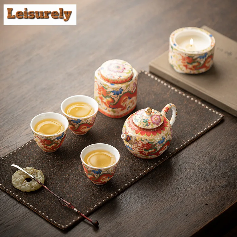 Color Enamel Auspicious Dragon Peony Teaset Complete Set Traditional Tea Ceremony Set Teapot And Tea Cup Set Chinese Teaset Gift