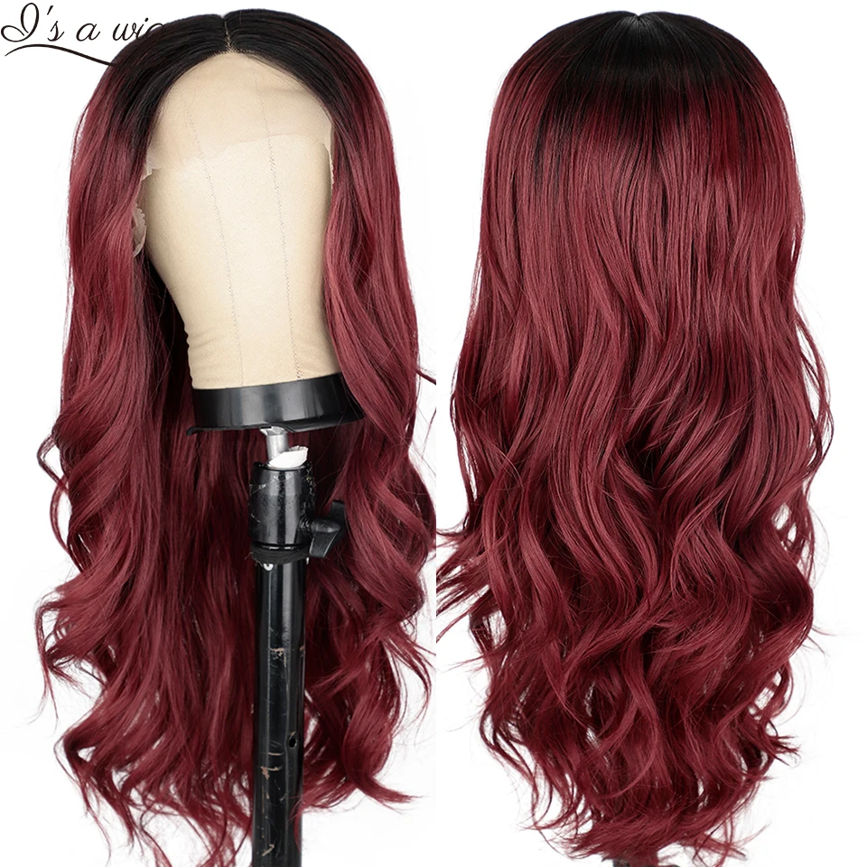 Ombre Synthetic Lace Wigs for Black Women Long Natural Wave Wine Red Wigs T-Part Lace Wigs Middle Part Black Orange Cosplay Wig