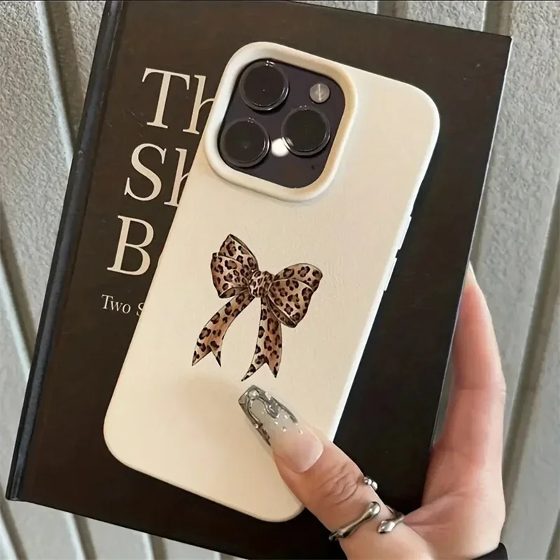 Leopard Print Stars Bow Lychee Texture Silicone Phone Case
