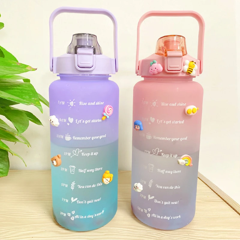 2L Large Capacity Water Bottle With Bounce Cover Time Scale Reminder Frosted Cup With Cute Stickers For Outdoor Sports Fitness restaurant glassware