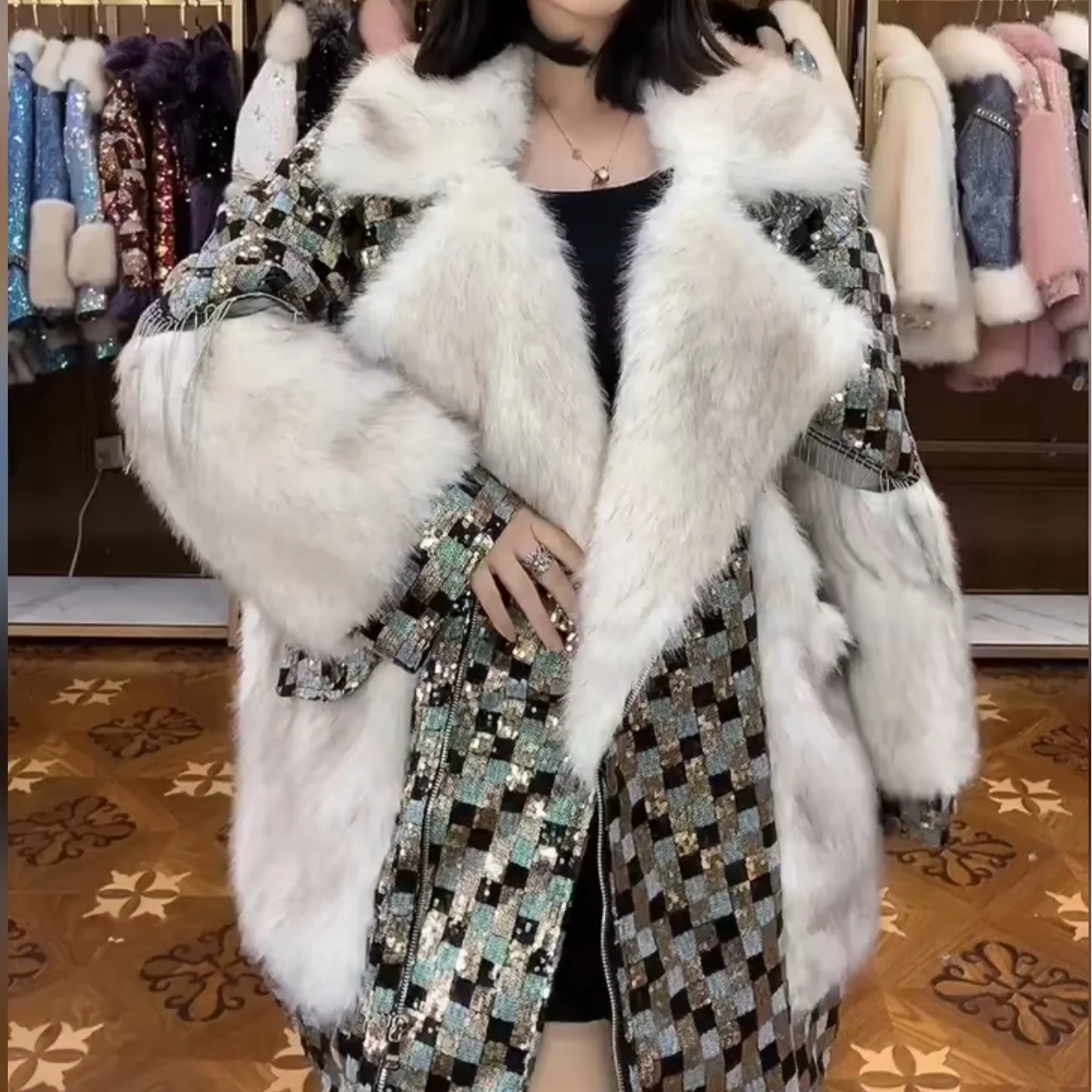 2023 New Winter Fashion Thicken Warm Overcoat Mid-long Tassel Sequins Plaid Patchwork Mid-length Casual Long Sleeve Jacket Coat