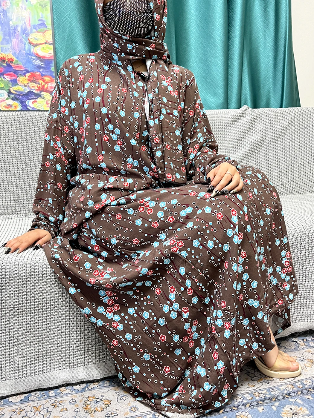 Muslim Rayon Abayas For Women 2023 Ramadan Prayer Dubai Turkey Middle East Femme Robe Floral Loose African Dress Turban Attached