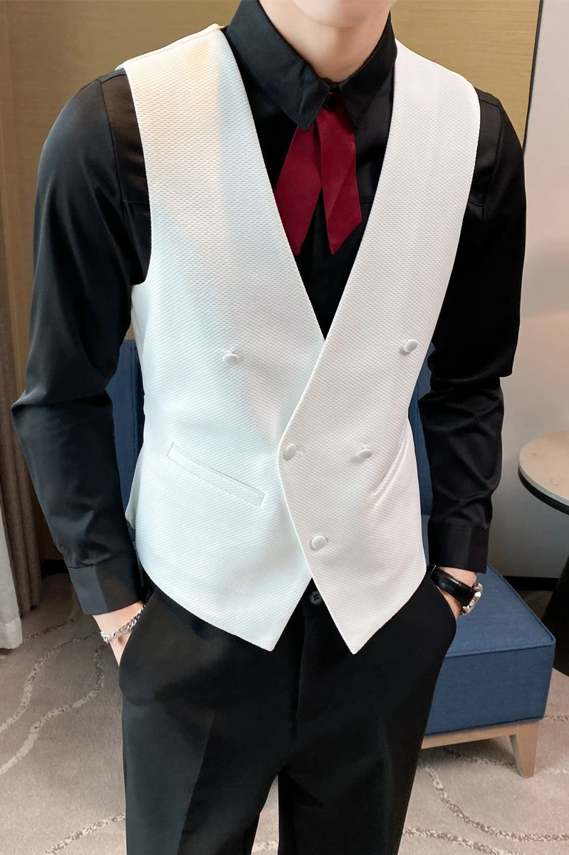 Men's Double Breasted Gentleman Dress Casual Vest Fashion Nightclub Bartender Work Clothes V Neck Vest Jacket dress vests