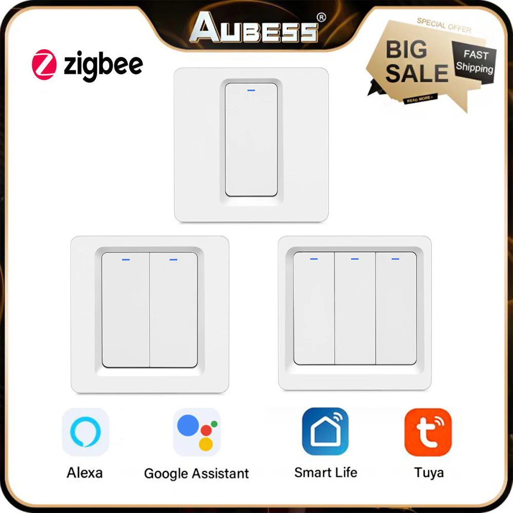 

Tuya ZigBee кнопочный переключатель Без нейтрального провода 1/2/3 способ Смарт-светильник управление через приложение Smart Life поддержка Alexa Google Home