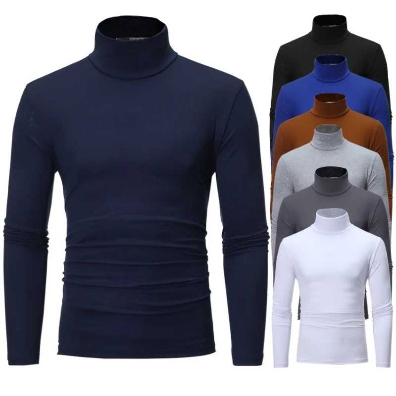 Men's Solid Color Turtleneck T-Shirt For Male Autumn Spring Casual Long Sleeve Basic Bottoming Shirt For Men Slim-Fit Tops