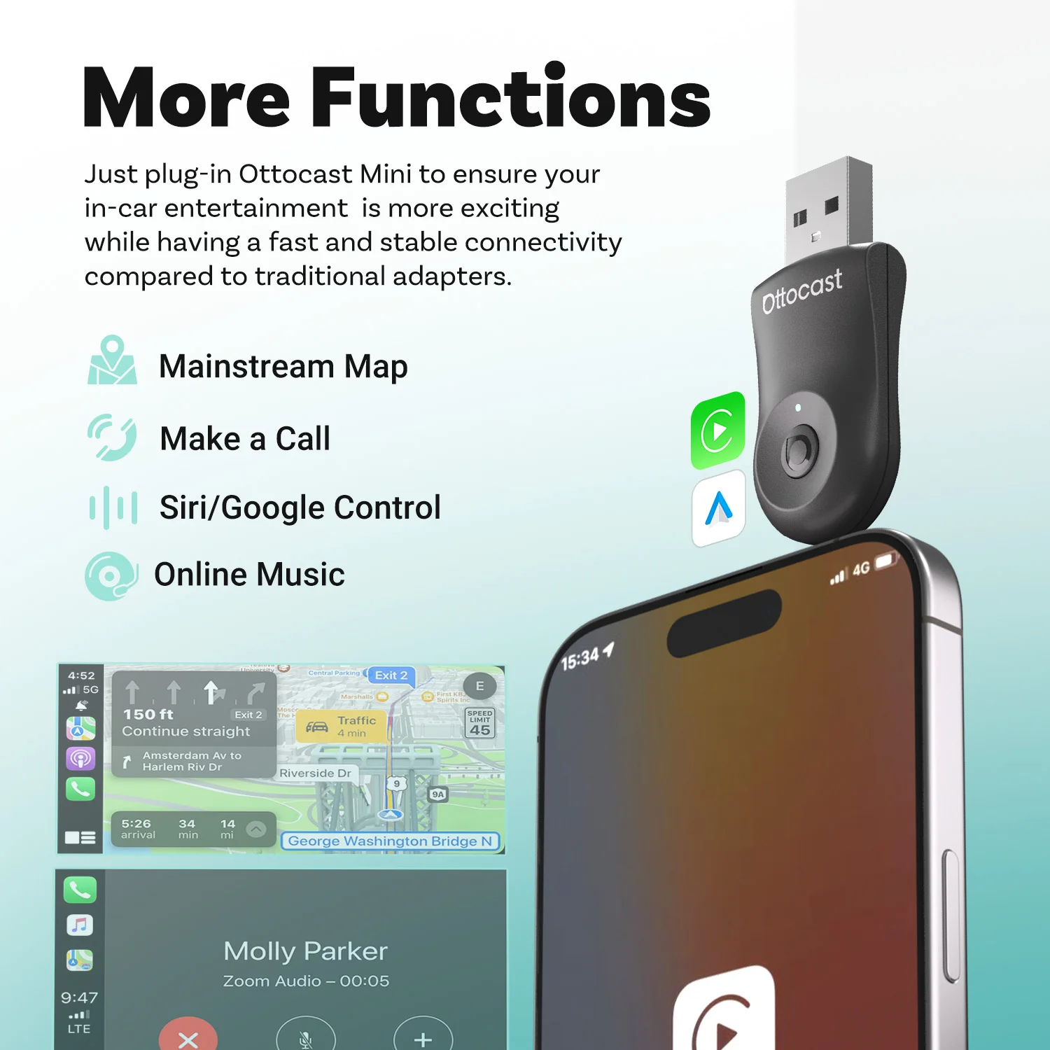 OTTOCAST Mini 2-in-1 Wireless CarPlay Android Auto Adapter mit One-Key Disconnect, 5GHz WiFi Plug&Play Fast Connect USB Dongle – Detail 8
