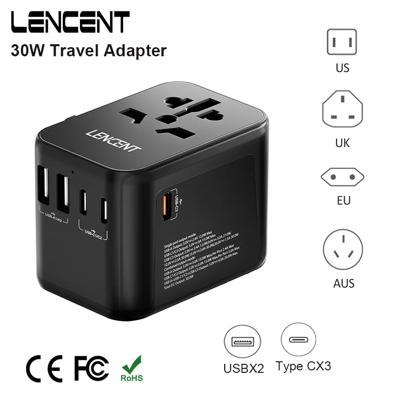 LENCENT Universal Travel Adapter with 2 USB Ports 3 Type C Fast Charging 6in1 Power Adapter EU