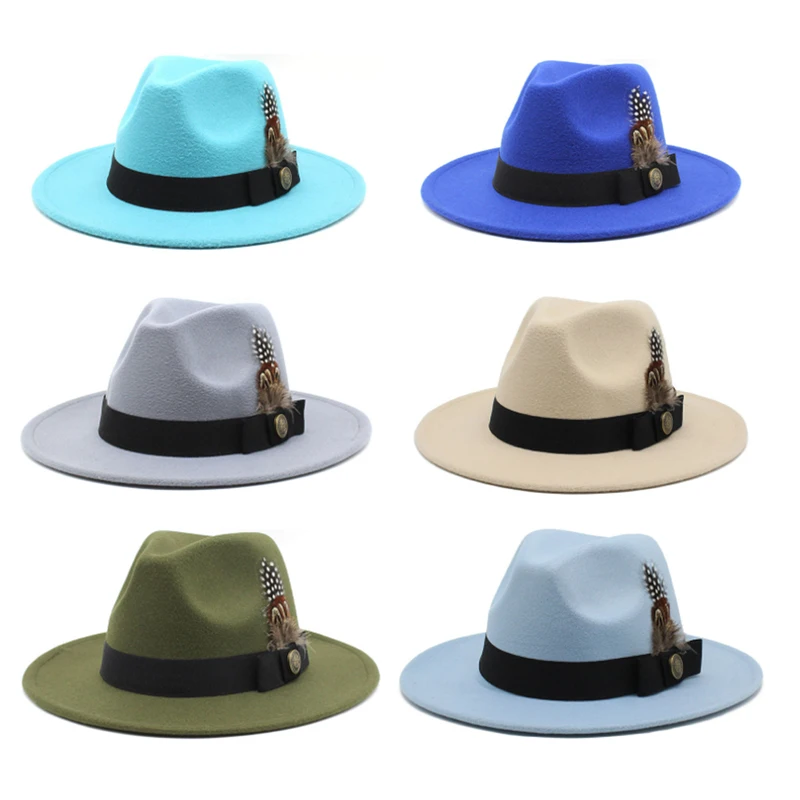 

Fashion Men Women's Felt Hats Feather Fedora Hat Woolen Decorated Classical Jazz Caps British Style Panama Wide Brim Solid Color