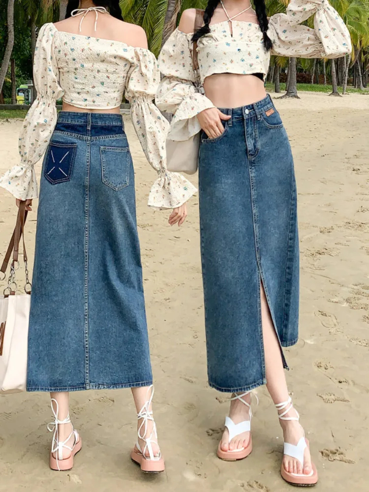 

Denim Midi Skirts Women High Waist Chic Vintage Fashion Casual Office Lady All-match Streetwear Jean Skirts Spring Summer