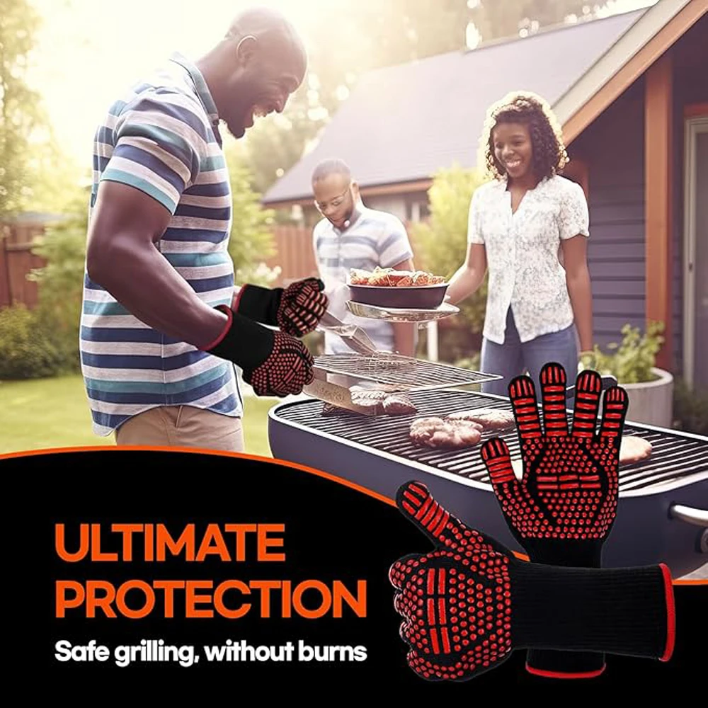 Heat Resistant BBQ Gloves Cotton Oven Mitts with Fingers for Grilling