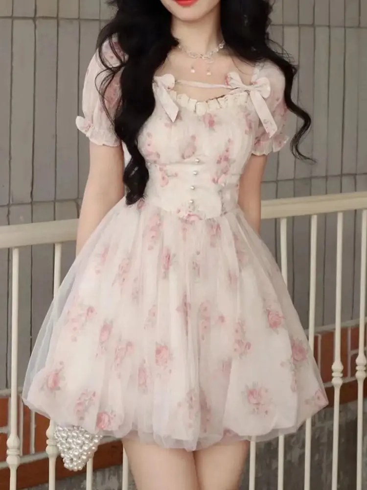 

Женское короткое платье с цветочным принтом, розовое ТРАПЕЦИЕВИДНОЕ облегающее платье для выпускного вечера, Y2K, весна-лето