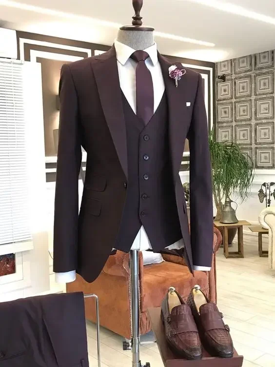 Tailor Made Orange Stylish Slim Fit Men Suits Business Peaked Lapel 3 Pieces (Jacket+Vest+Pant) Formal Wedding Tuxedos Suits