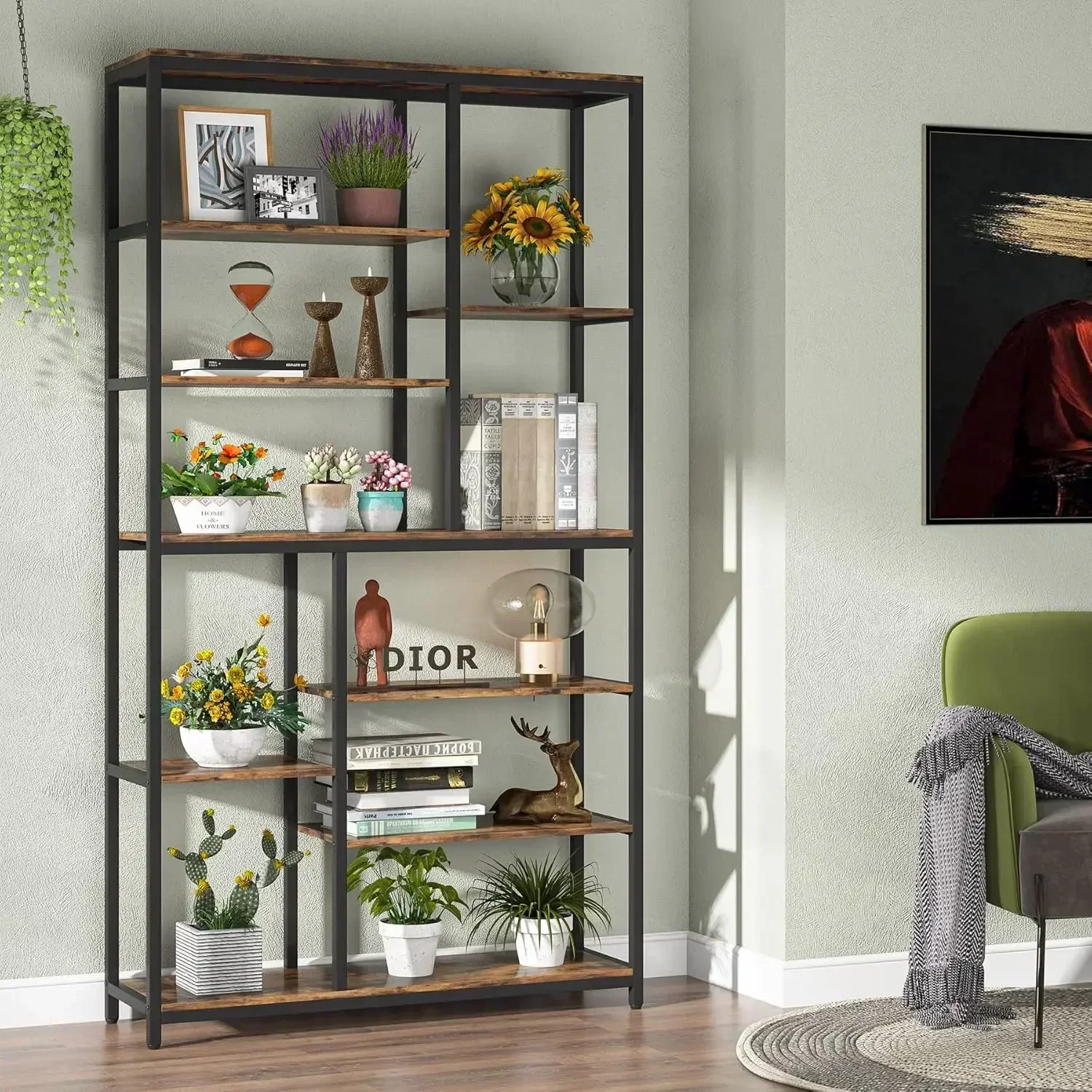New2025-79 inches Tall Bookshelf Bookcase, 8-Tier Staggered Bookcase, Modern Freestanding Open Book Shelves, Wide Wood Etagere