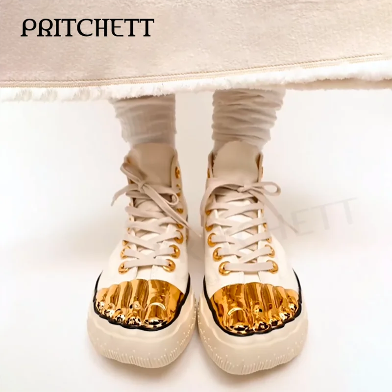 

Gold Toe Thick-Soled Canvas Shoes Round Toe Color-Blocked Straps White Casual Shoes Strange Design Large Size Fashionable Shoes