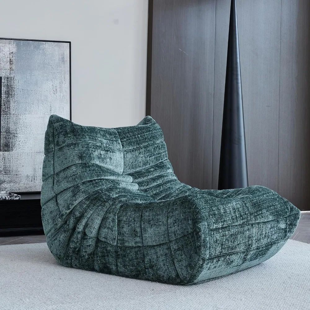 Adult Bean Bag Chair, Modern Chenille Fabric Fireplace Chair, Lazy Floor Sofa Chair, High Density Foam Corner Sofa, Green