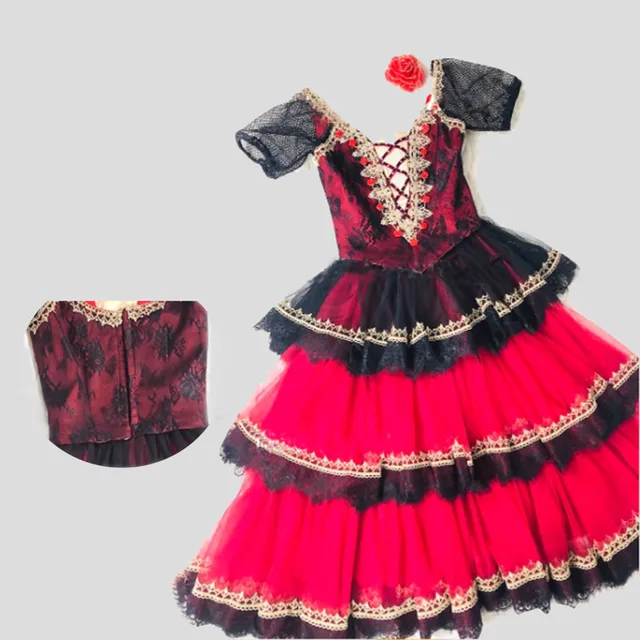 Professional Red Black 3Layer Long Spanish Ballet Dress Premium