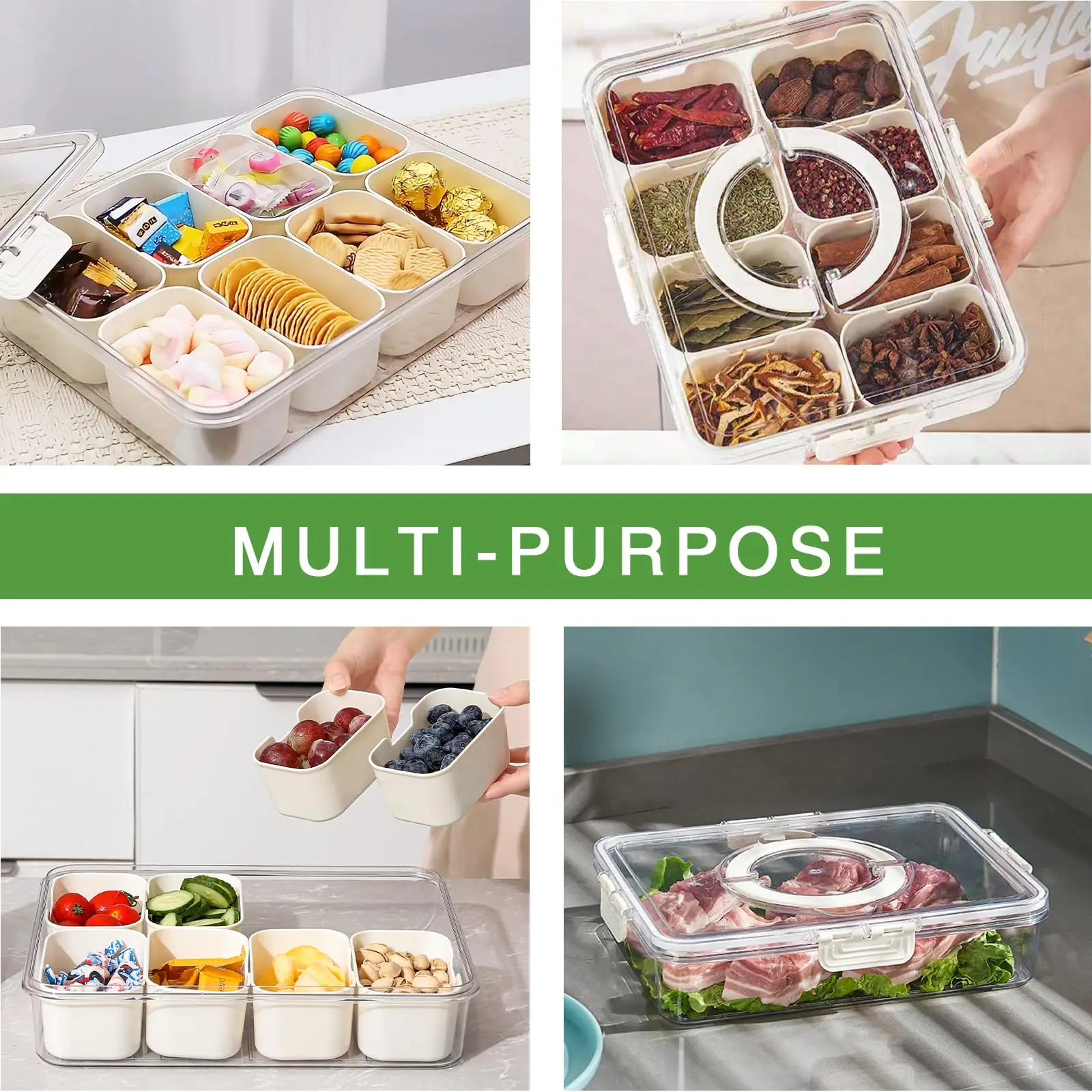 8-Compartment Snackle Box With Lid & Handle - Portable Divided Serving Tray For Travel, Parties, Picnics