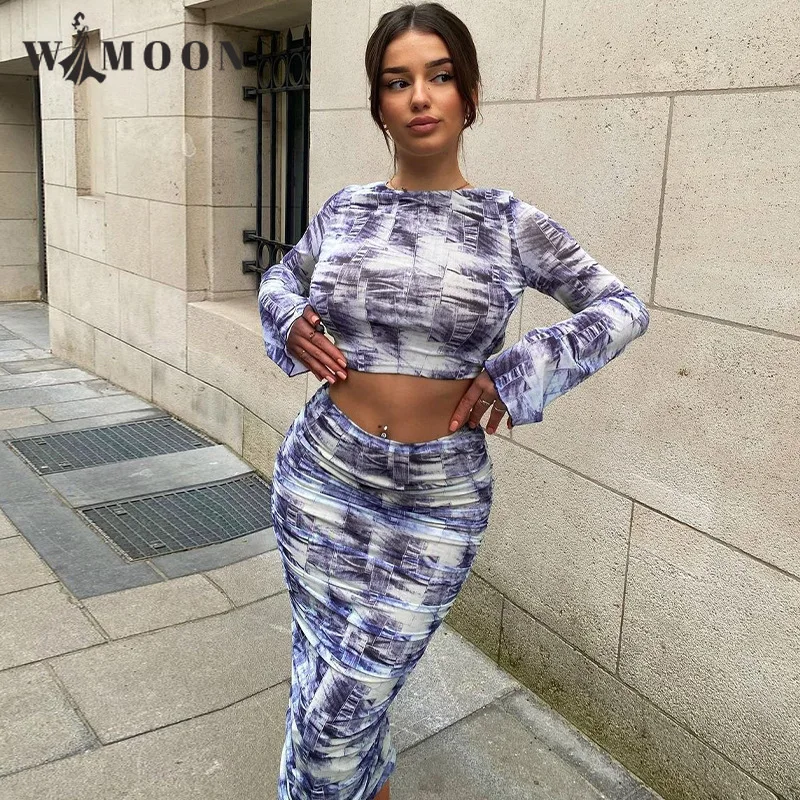 

Женский укороченный топ с открытой спиной и длинным рукавом, юбка миди, комплект из двух предметов, Женская Повседневная Уличная одежда, лето-осень 2023